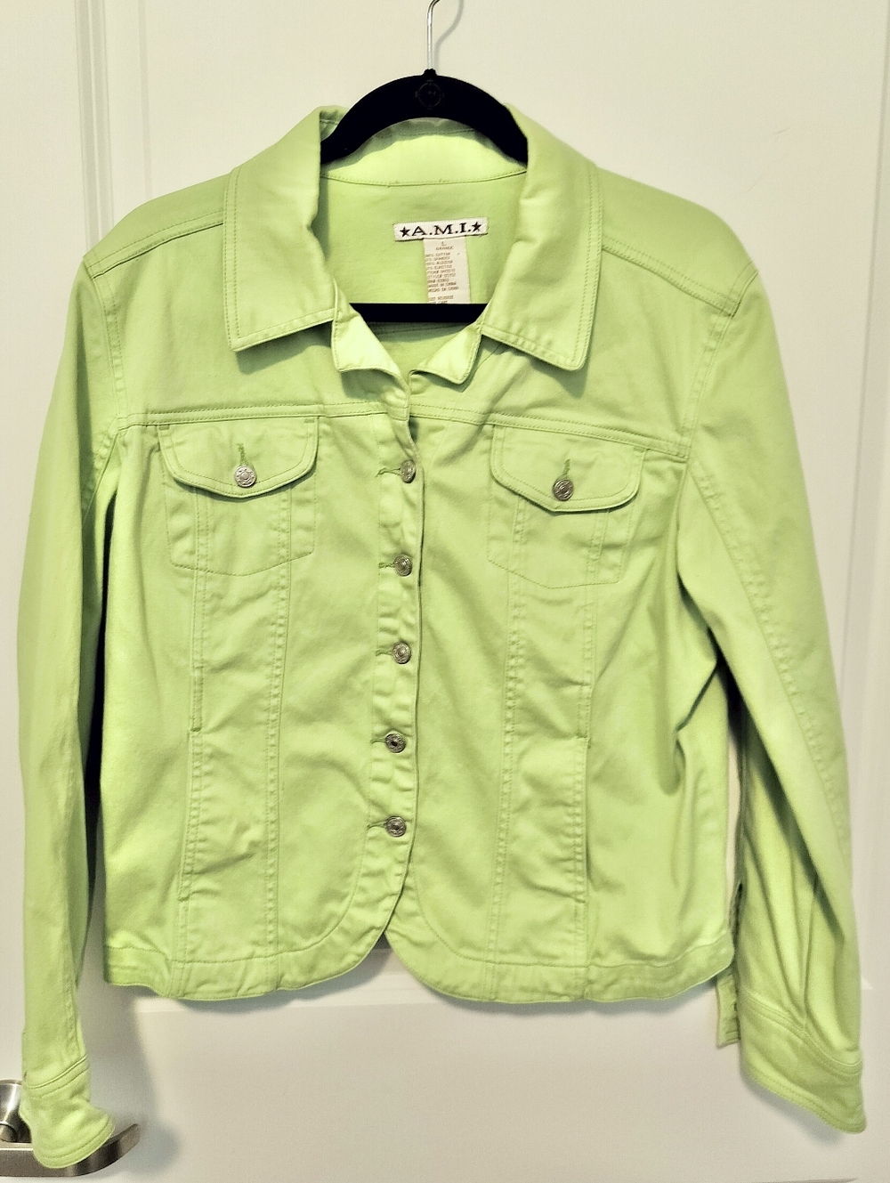A.M.I Women's L Vintage Lime Green  Button-Up Jean Jacket